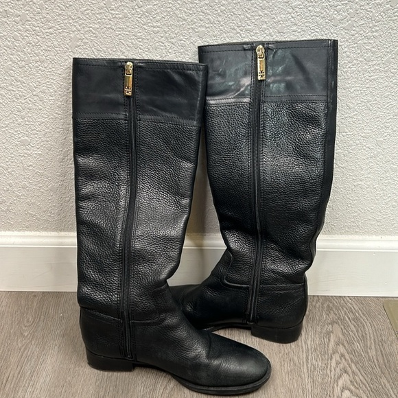 Tory Burch Julian Black Pebble Leather with Gold Emblem Tall Riding Boots Size 7 - Picture 10 of 16